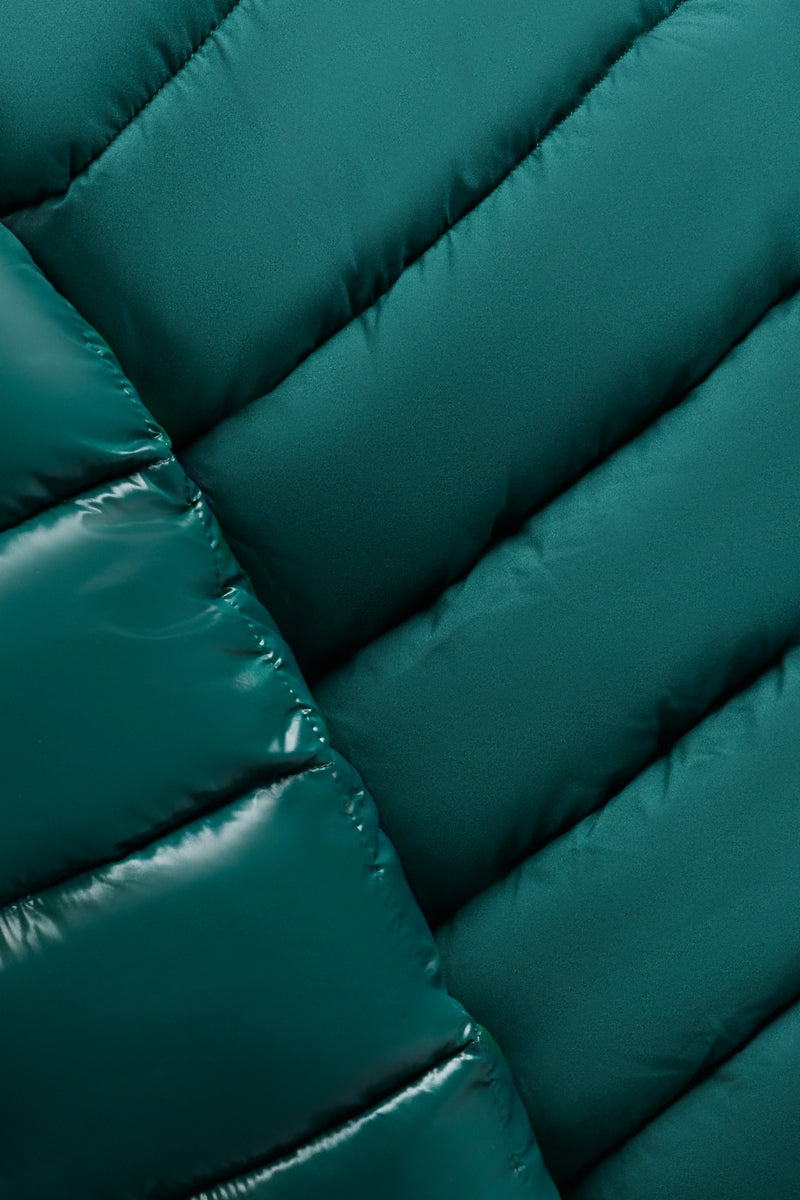 closeup of green puffer jacket