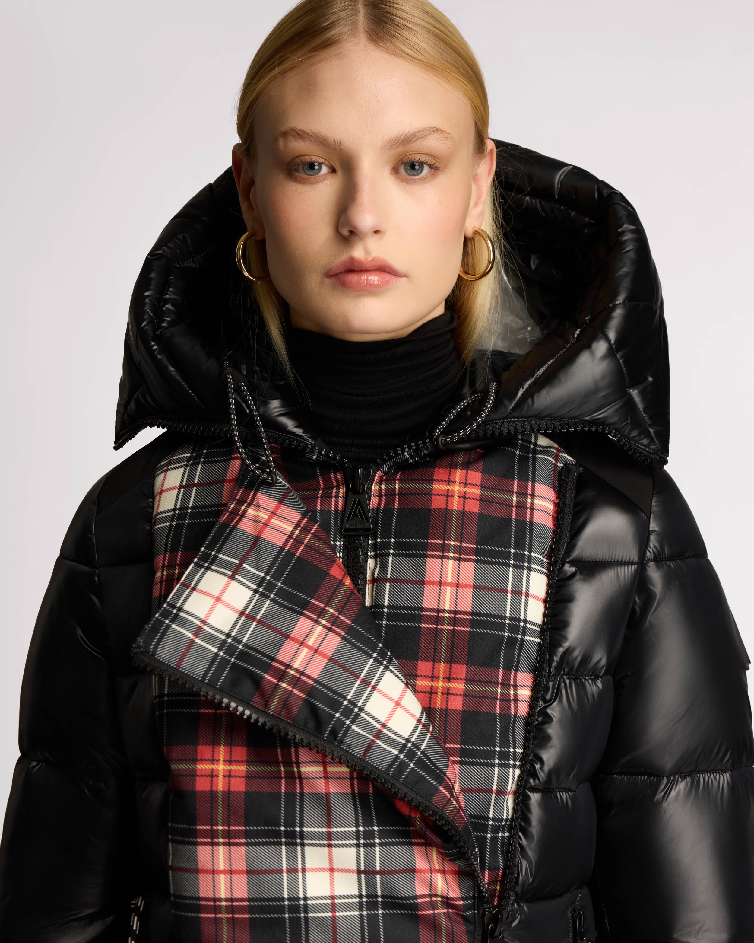 Muirmount Plaid Mixed Media Puffer with Asymmetrical Closure