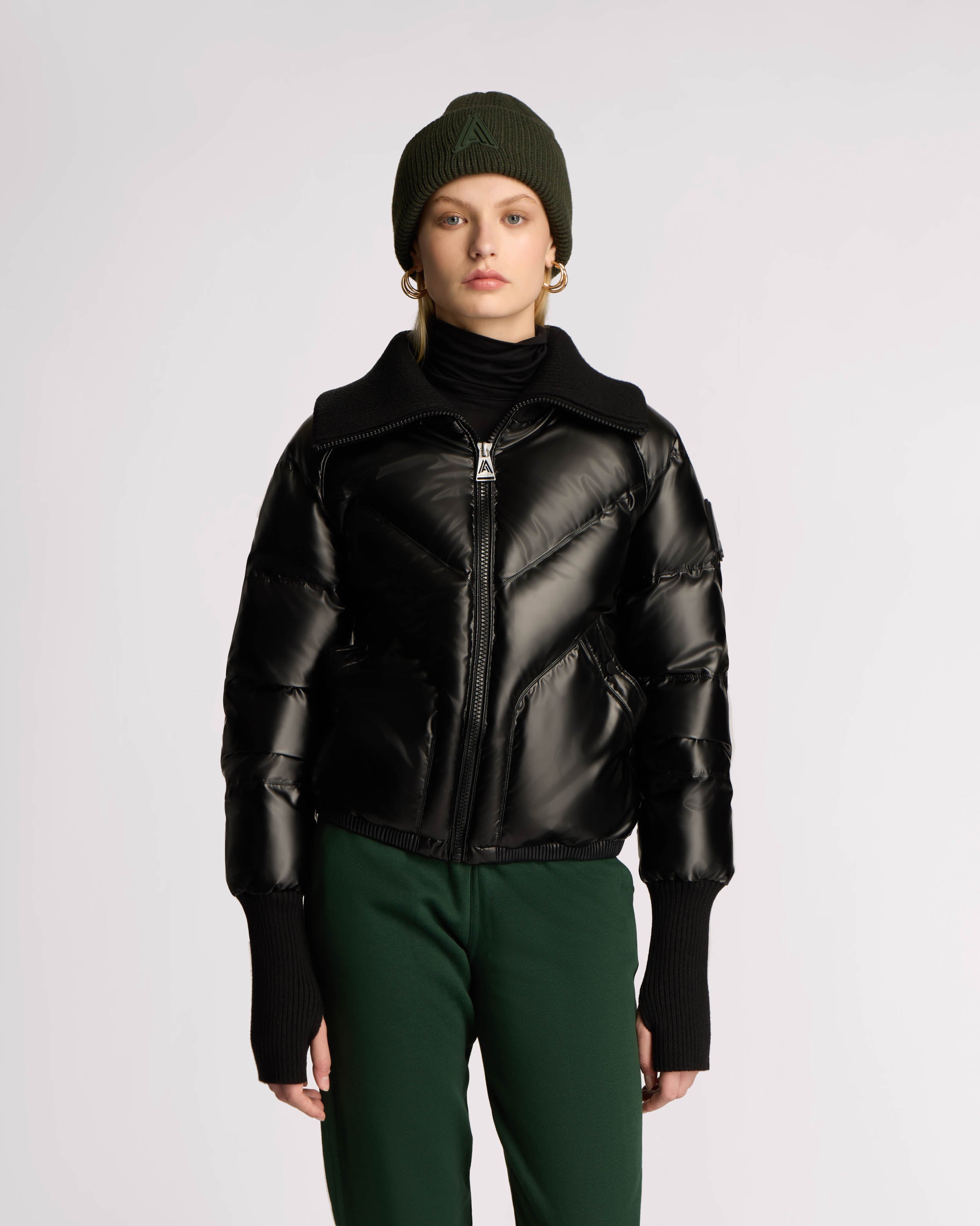 Morinway Short Puffer Bomber with Oversized Rib Knit Collar