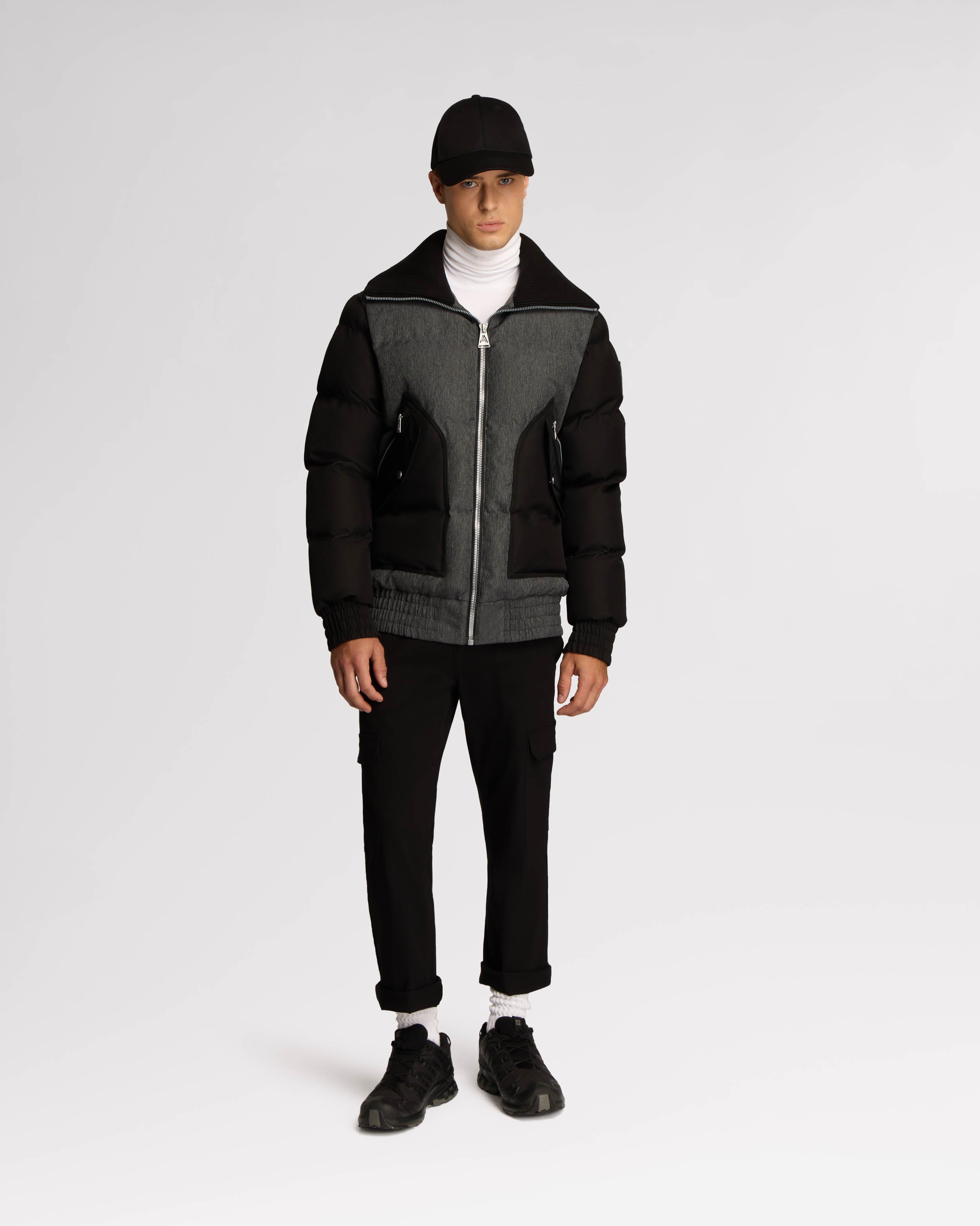 Sebonack Quilted Denim-Look Bomber Jacket with Fold-Over Ribbed Collar