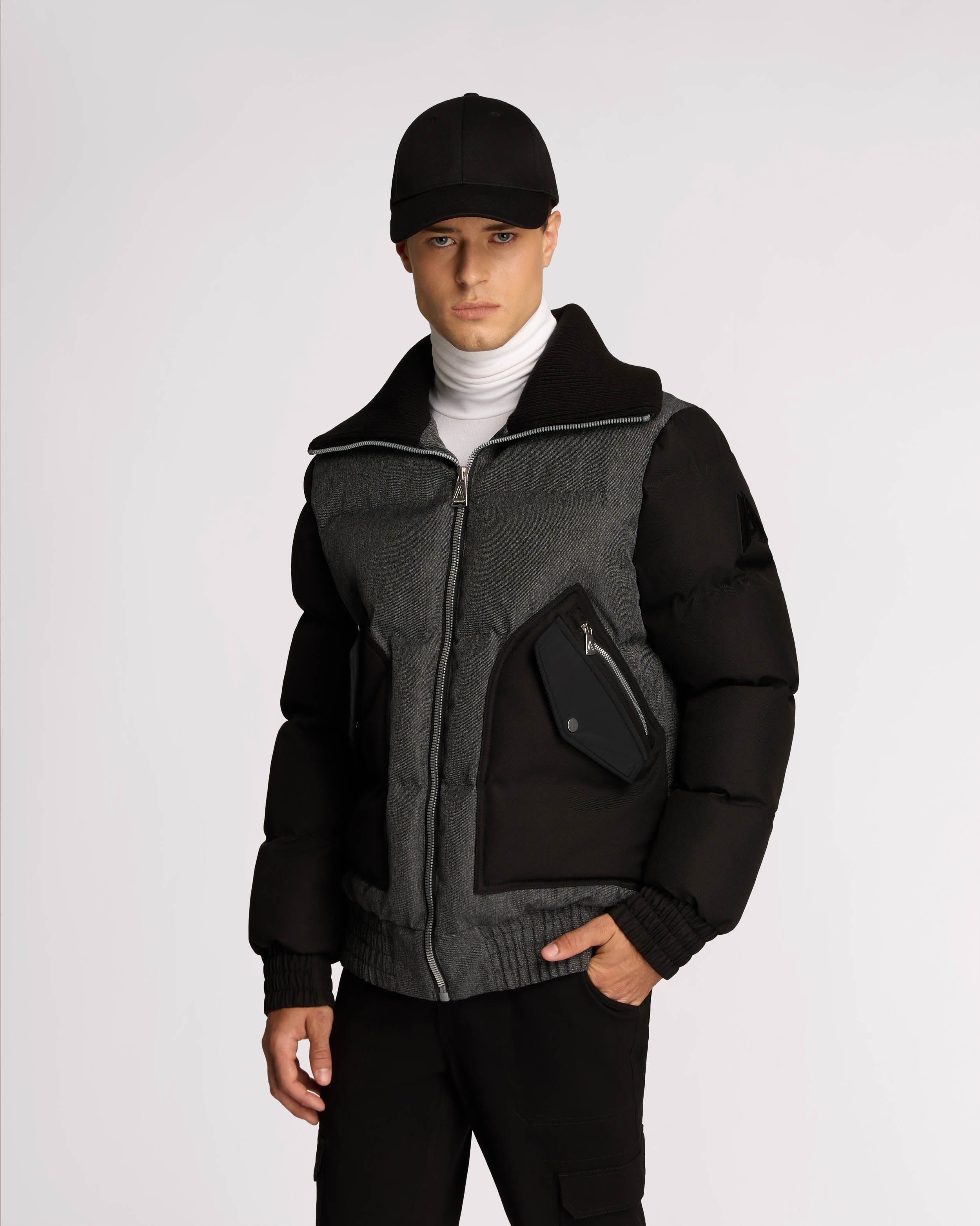 Blouson aviateur matelassé d’aspect denim Sebonack avec col côtelé rabattable