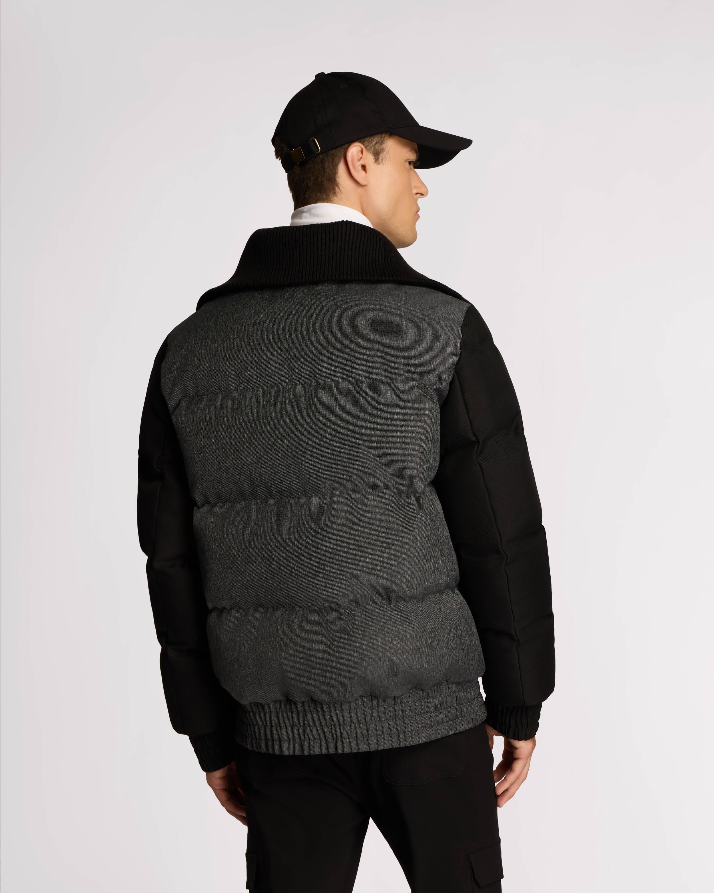 Sebonack Quilted Denim-Look Bomber Jacket with Fold-Over Ribbed Collar