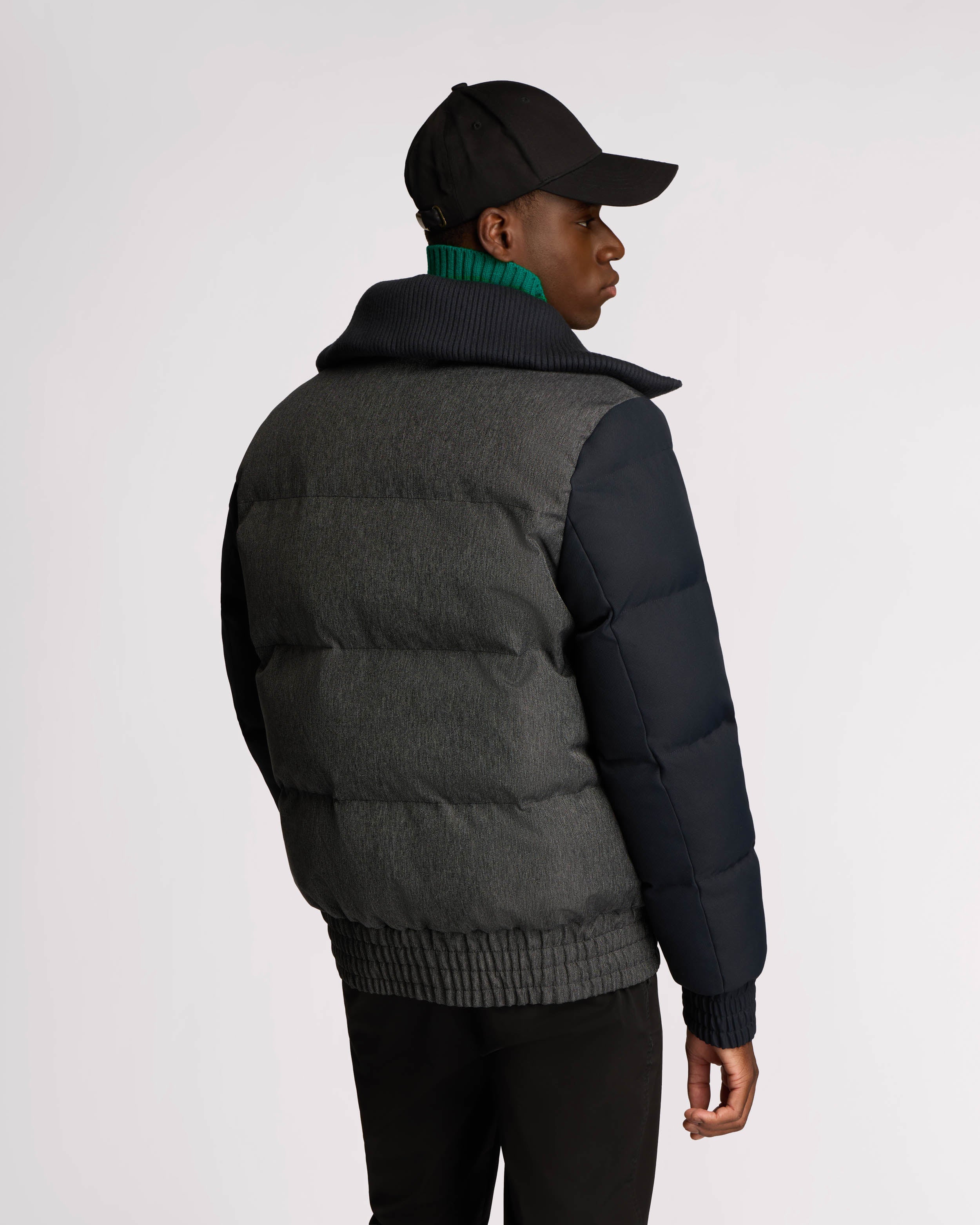 Sebonack Quilted Denim-Look Bomber Jacket with Fold-Over Ribbed Collar