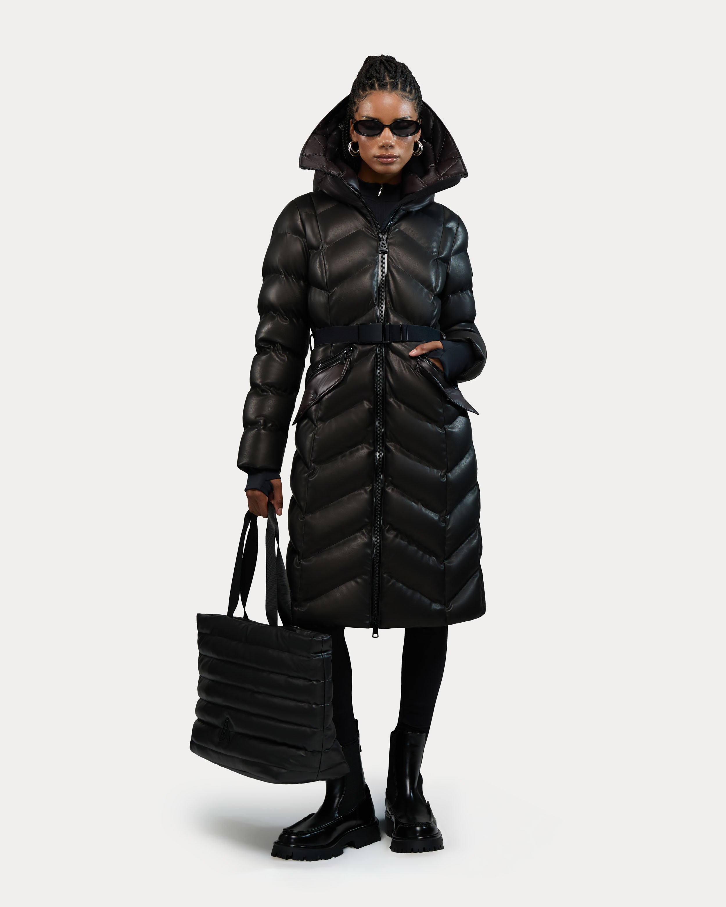 Bellevaux-Re Puffer Coat with Adjustable Belt in Vegan Leather