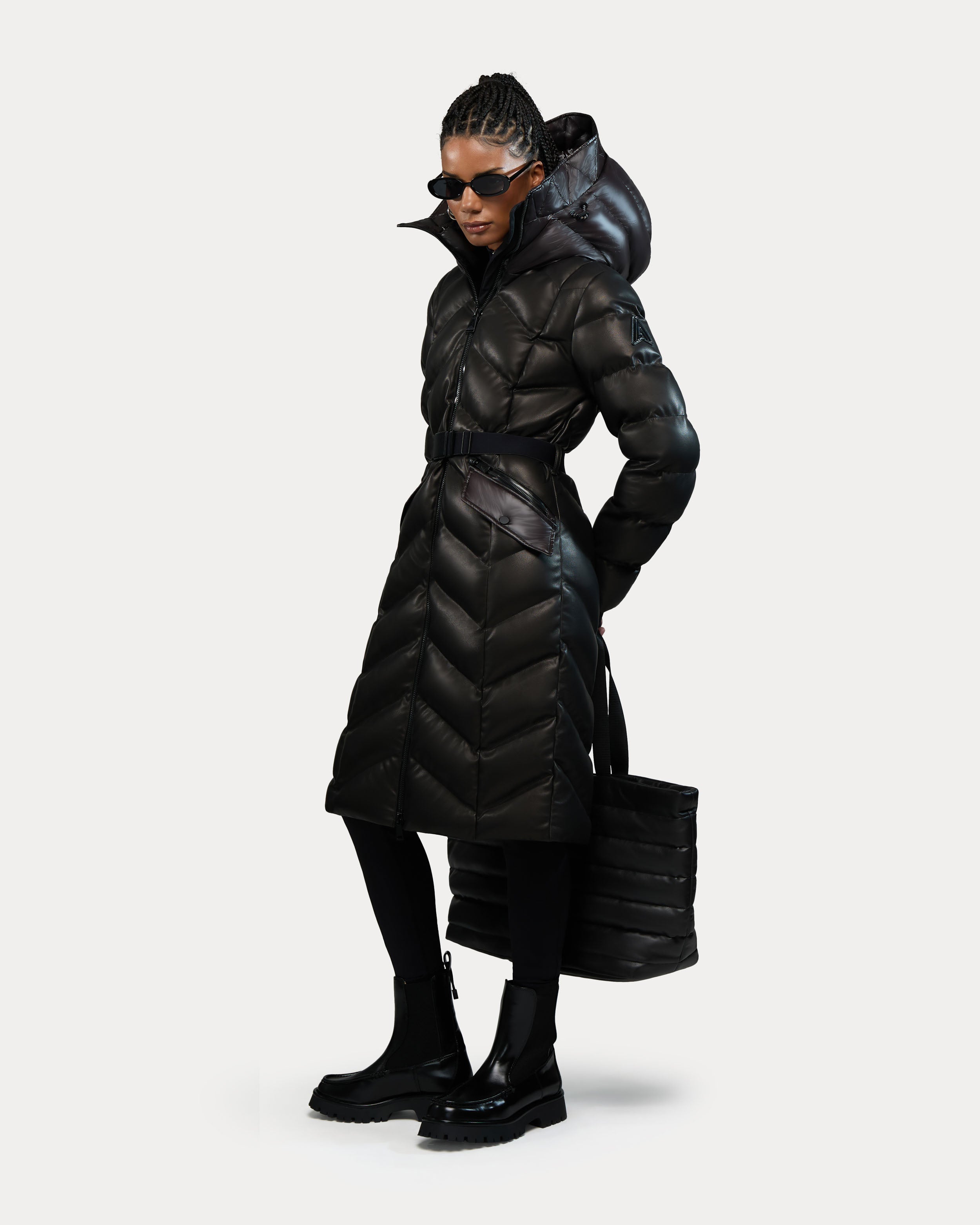 Bellevaux-Re Puffer Coat with Adjustable Belt in Vegan Leather