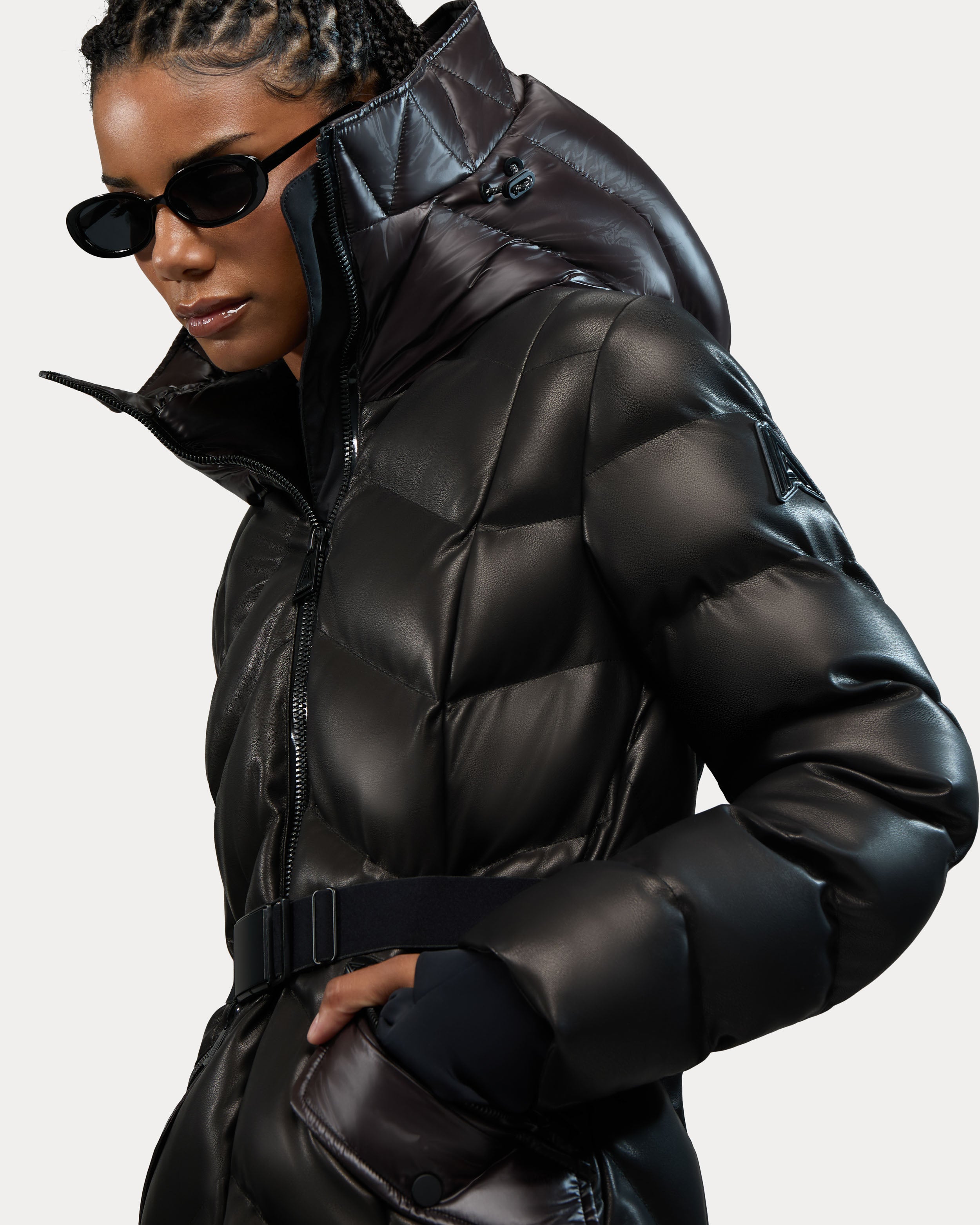 Bellevaux-Re Puffer Coat with Adjustable Belt in Vegan Leather