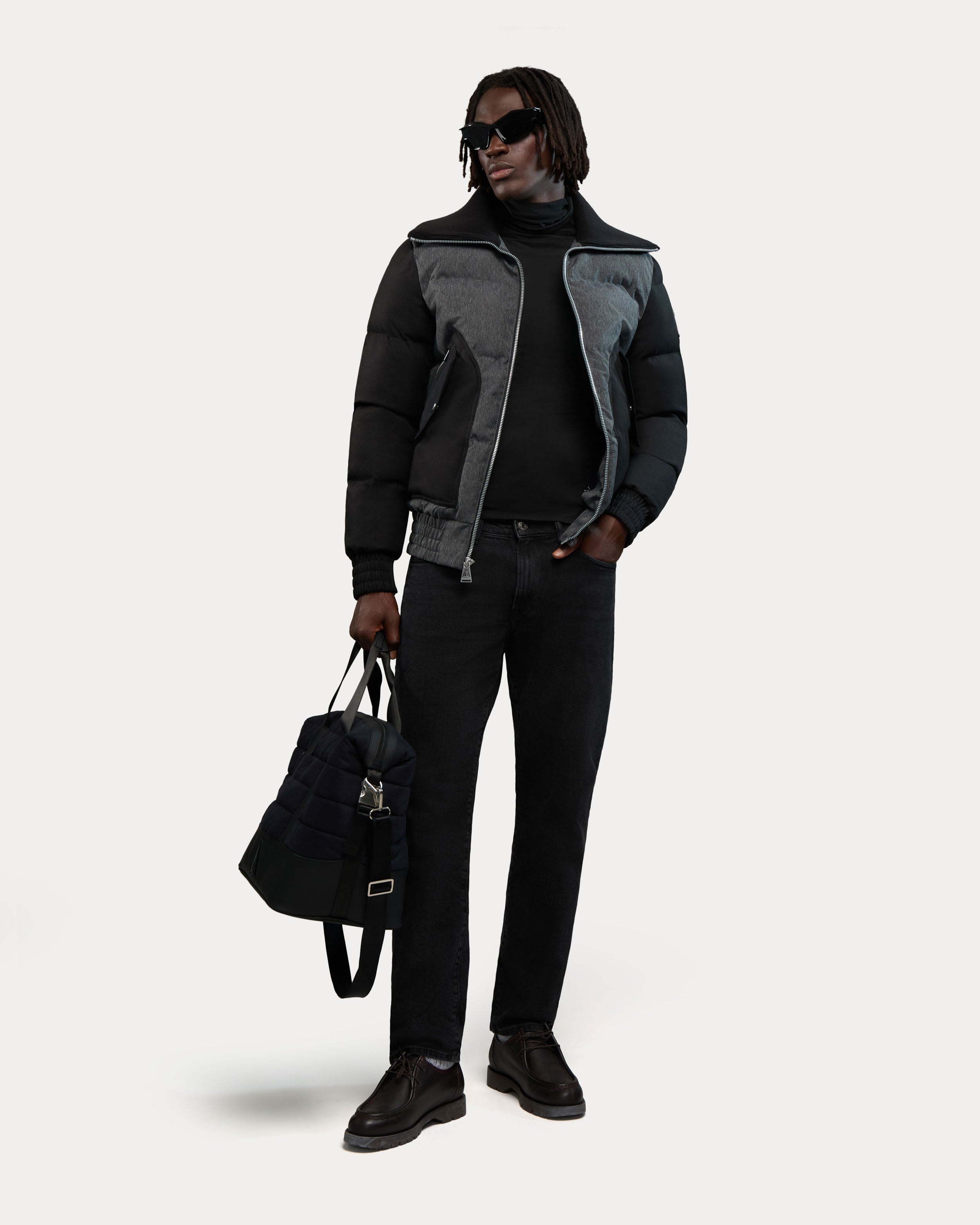 Blouson aviateur matelassé d’aspect denim Sebonack avec col côtelé rabattable