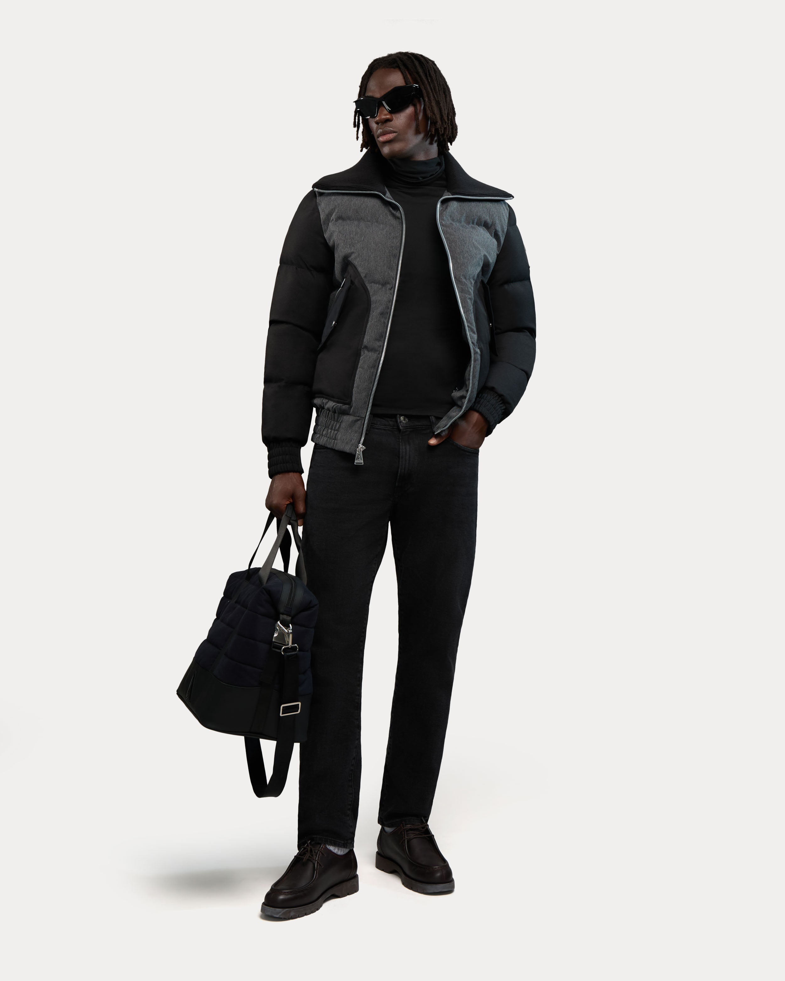 Sebonack Quilted Denim-Look Bomber Jacket with Fold-Over Ribbed Collar