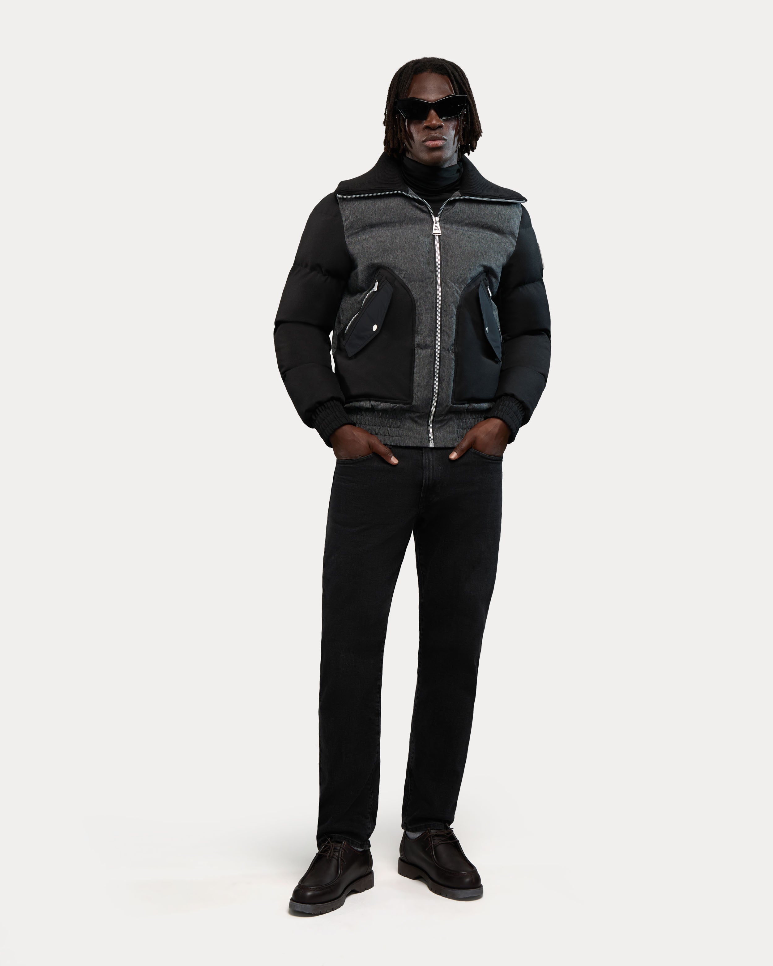 Sebonack Quilted Denim-Look Bomber Jacket with Fold-Over Ribbed Collar