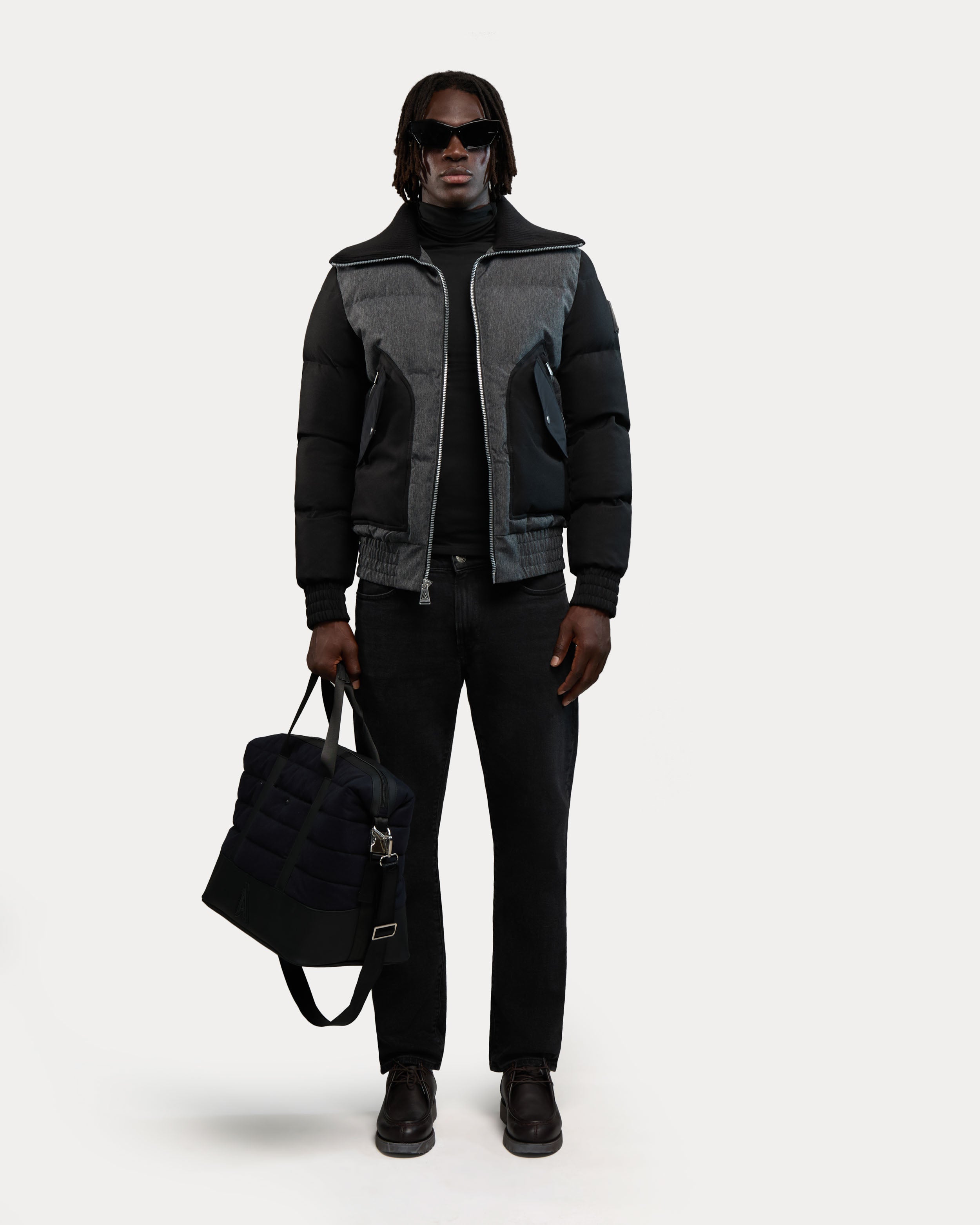 Sebonack Quilted Denim-Look Bomber Jacket with Fold-Over Ribbed Collar
