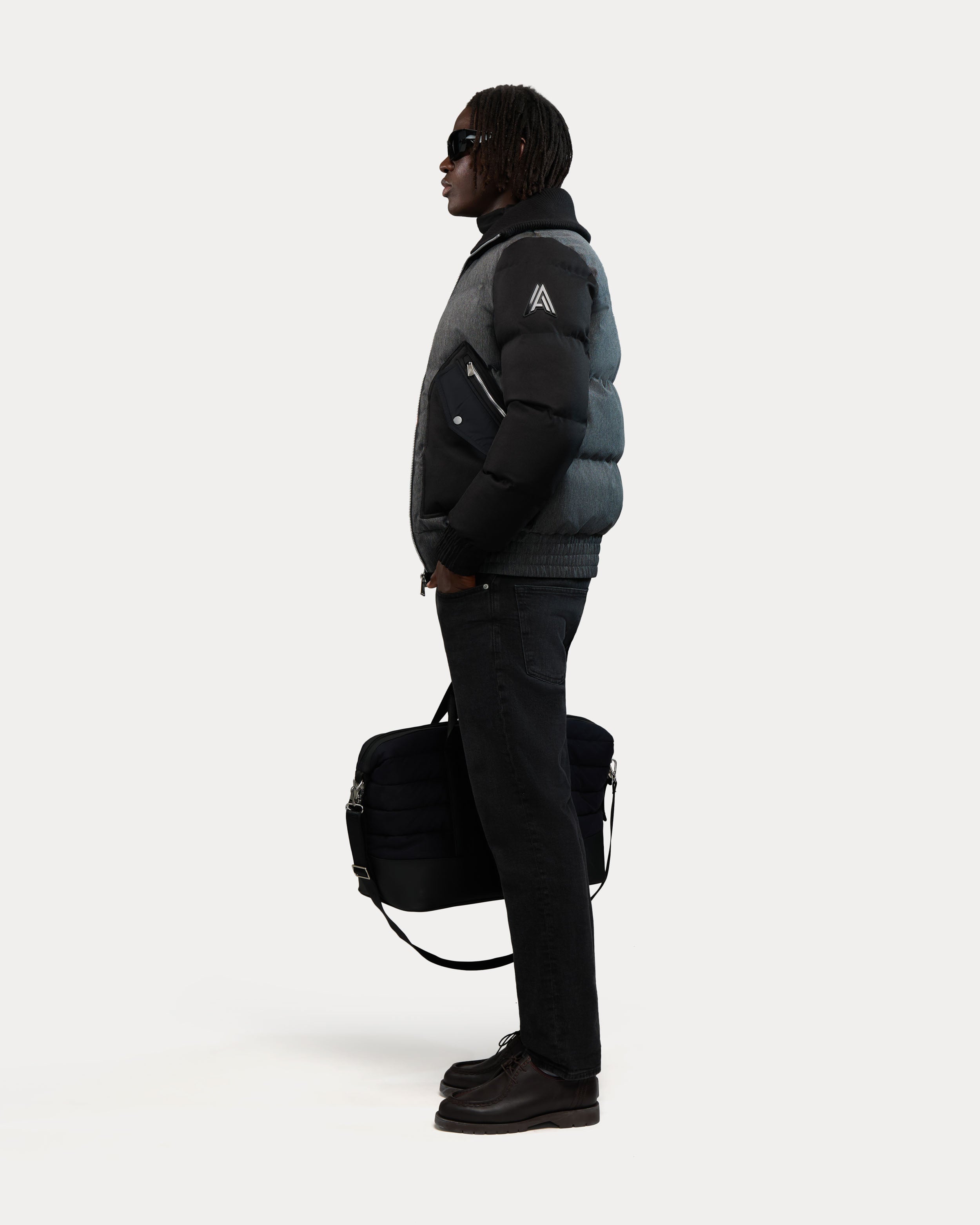Sebonack Quilted Denim-Look Bomber Jacket with Fold-Over Ribbed Collar