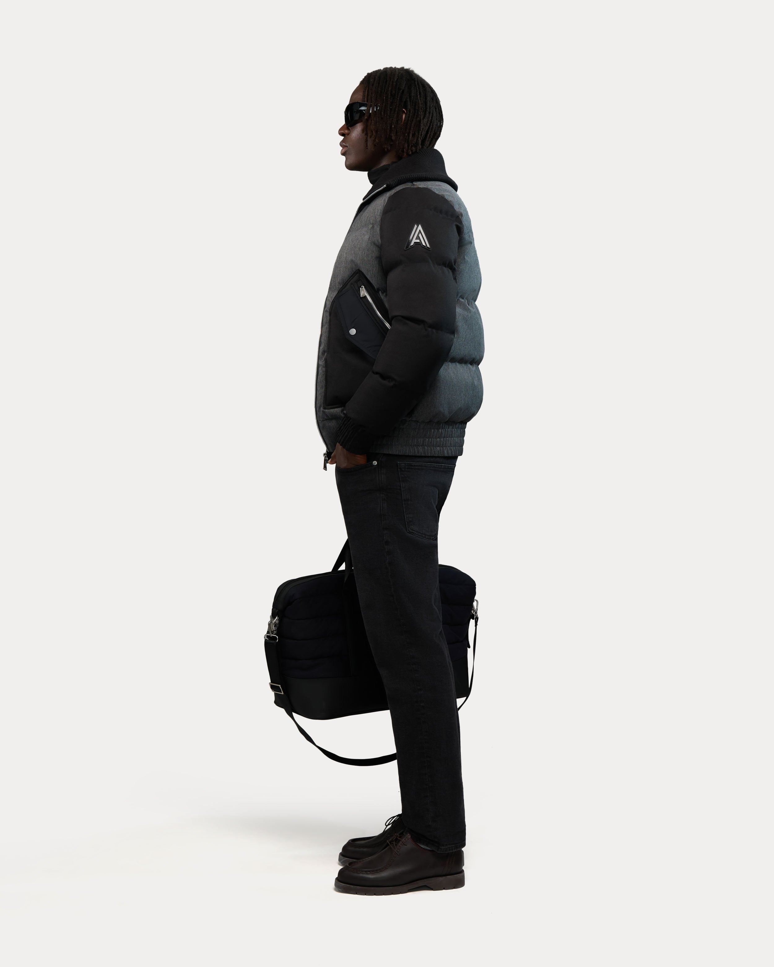 Blouson aviateur matelassé d’aspect denim Sebonack avec col côtelé rabattable