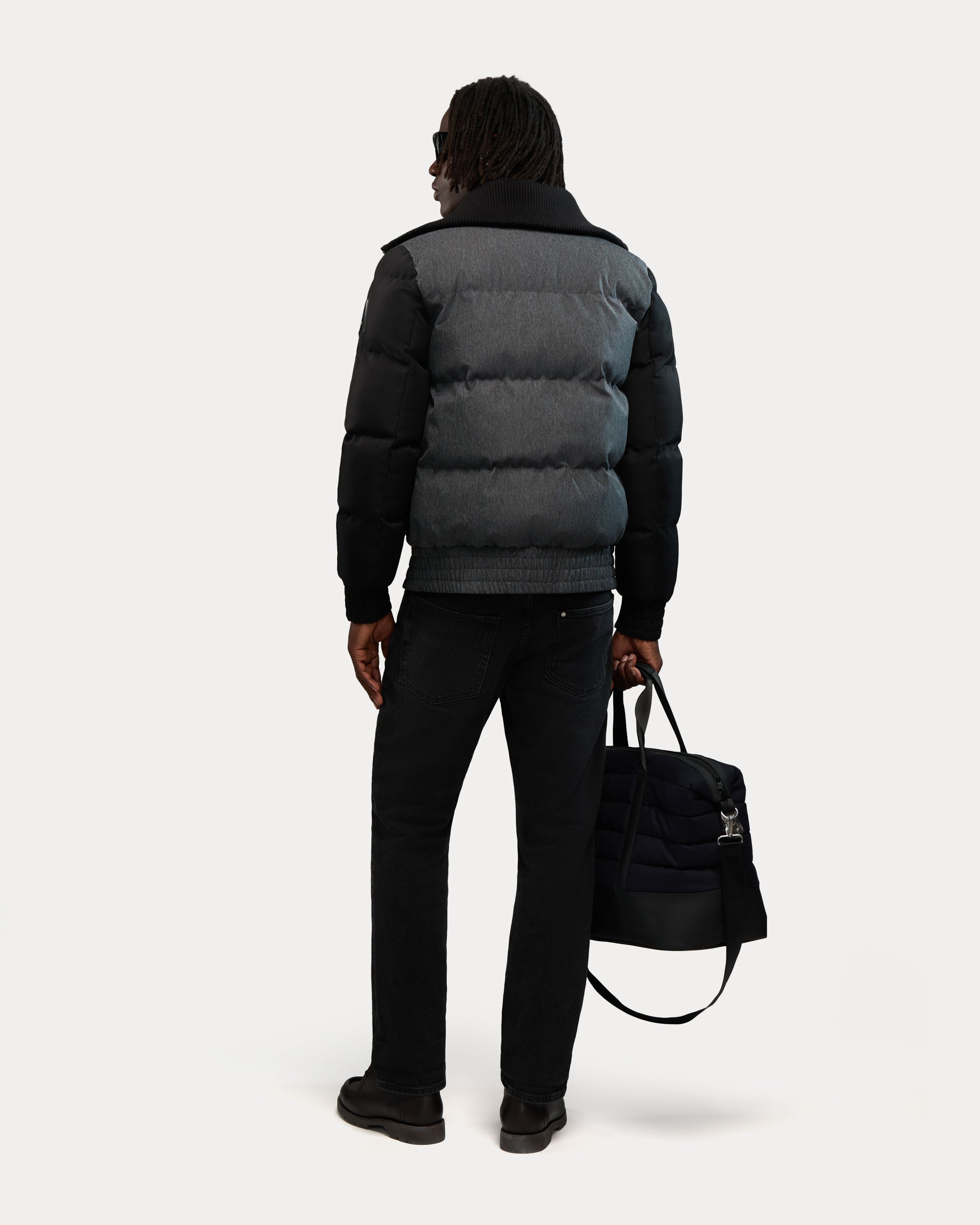 Sebonack Quilted Denim-Look Bomber Jacket with Fold-Over Ribbed Collar