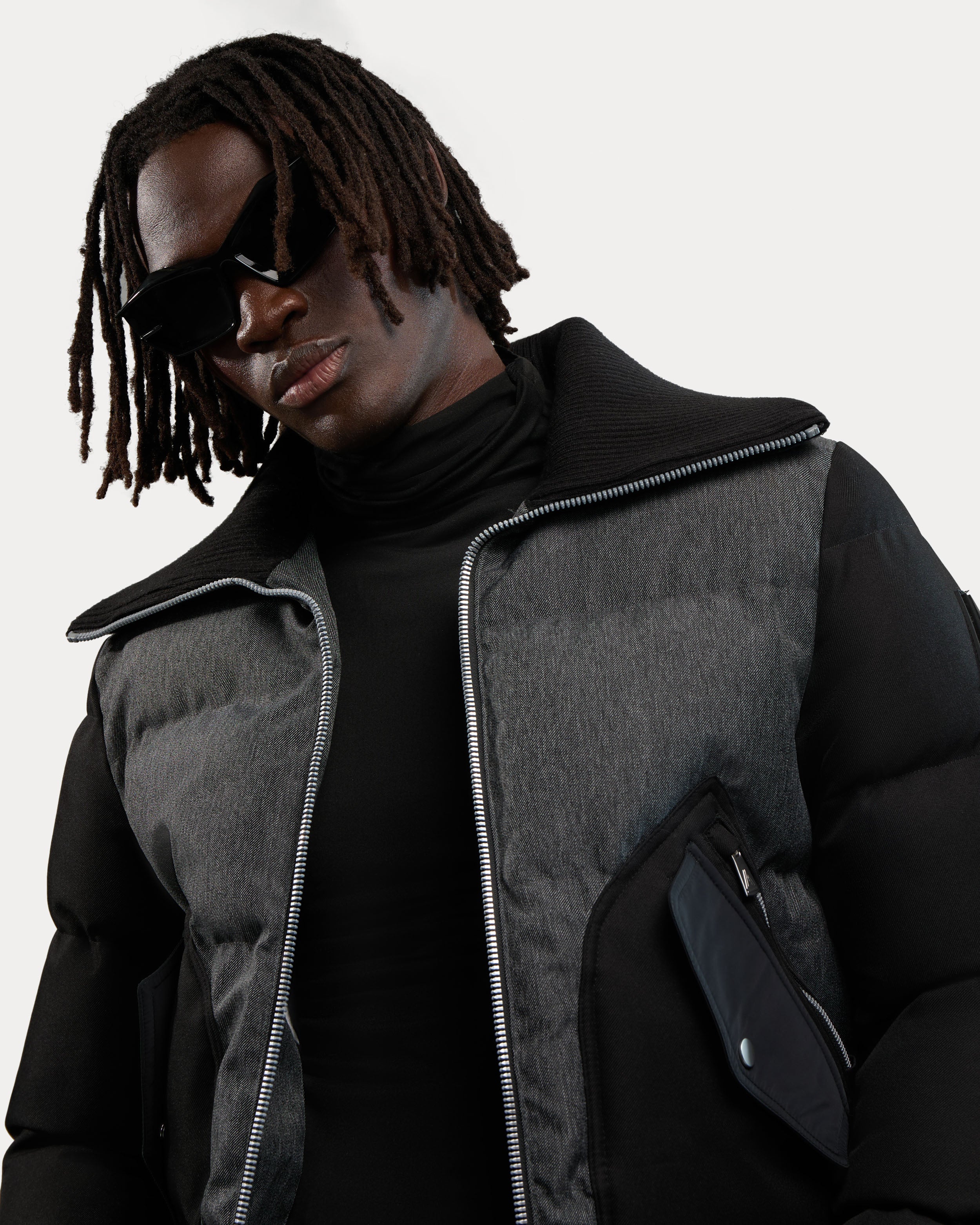 Sebonack Quilted Denim-Look Bomber Jacket with Fold-Over Ribbed Collar