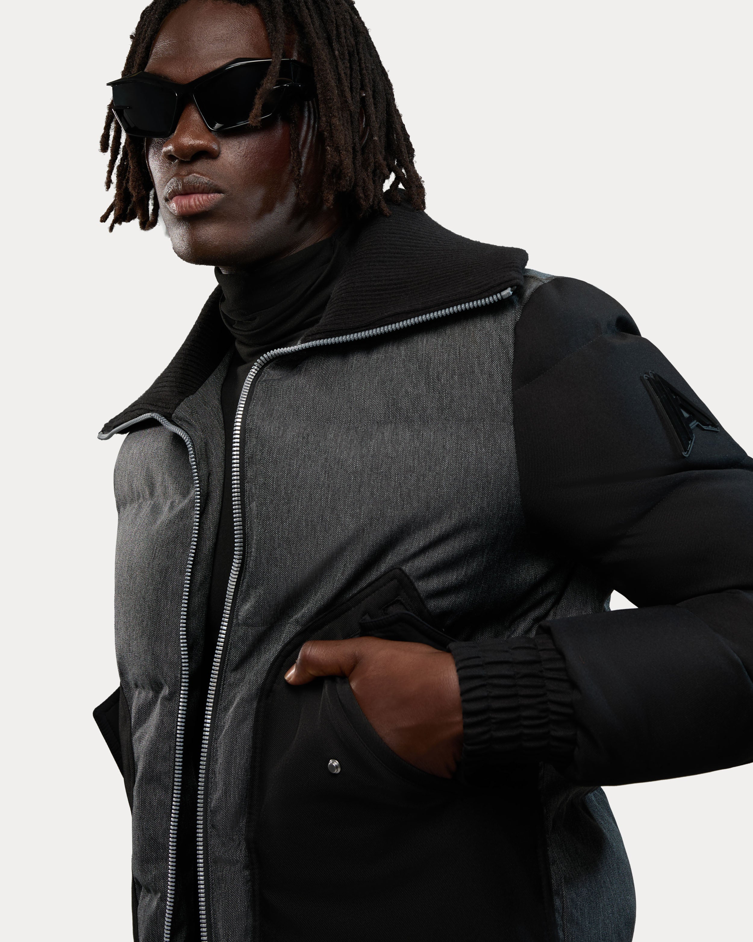 Sebonack Quilted Denim-Look Bomber Jacket with Fold-Over Ribbed Collar