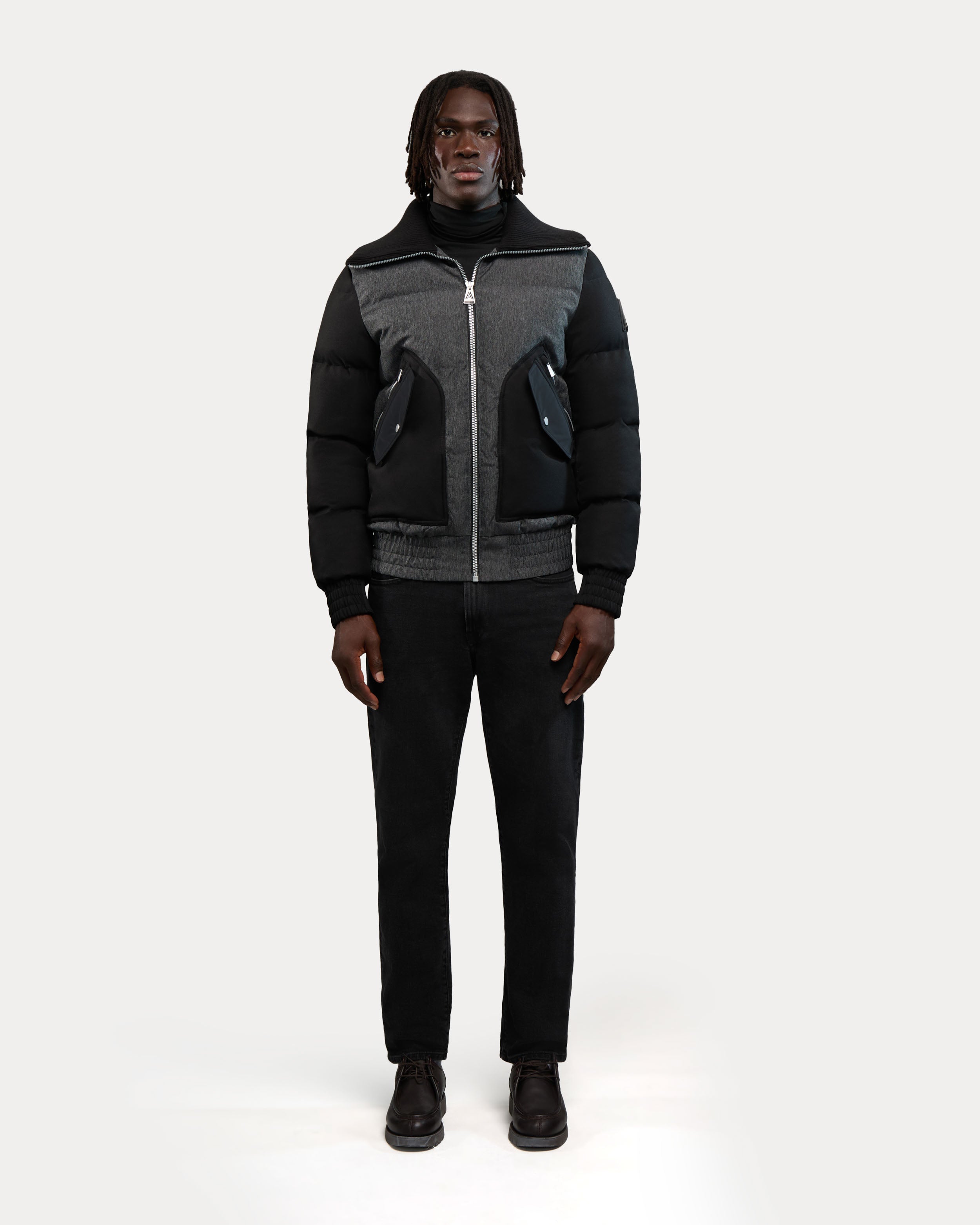 Sebonack Quilted Denim-Look Bomber Jacket with Fold-Over Ribbed Collar